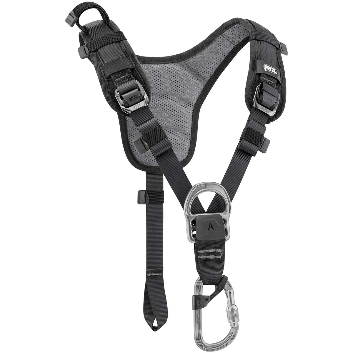 Top by Petzl, black shoulder strap with grey padded back panel and metal eyelets at the front, snap hook attached