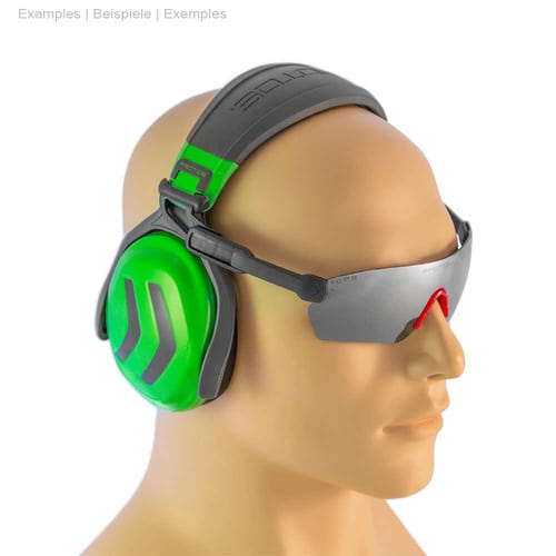 PROTOS® headset green and grey worn on a head model, combined with grey safety goggles with red nose bridge