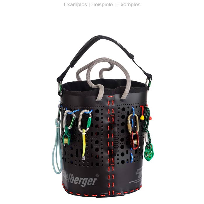ropeBUCKET 50 black bucket with grey rope handles, red stitching and various carabiners as well as climbing equipment on the outside
