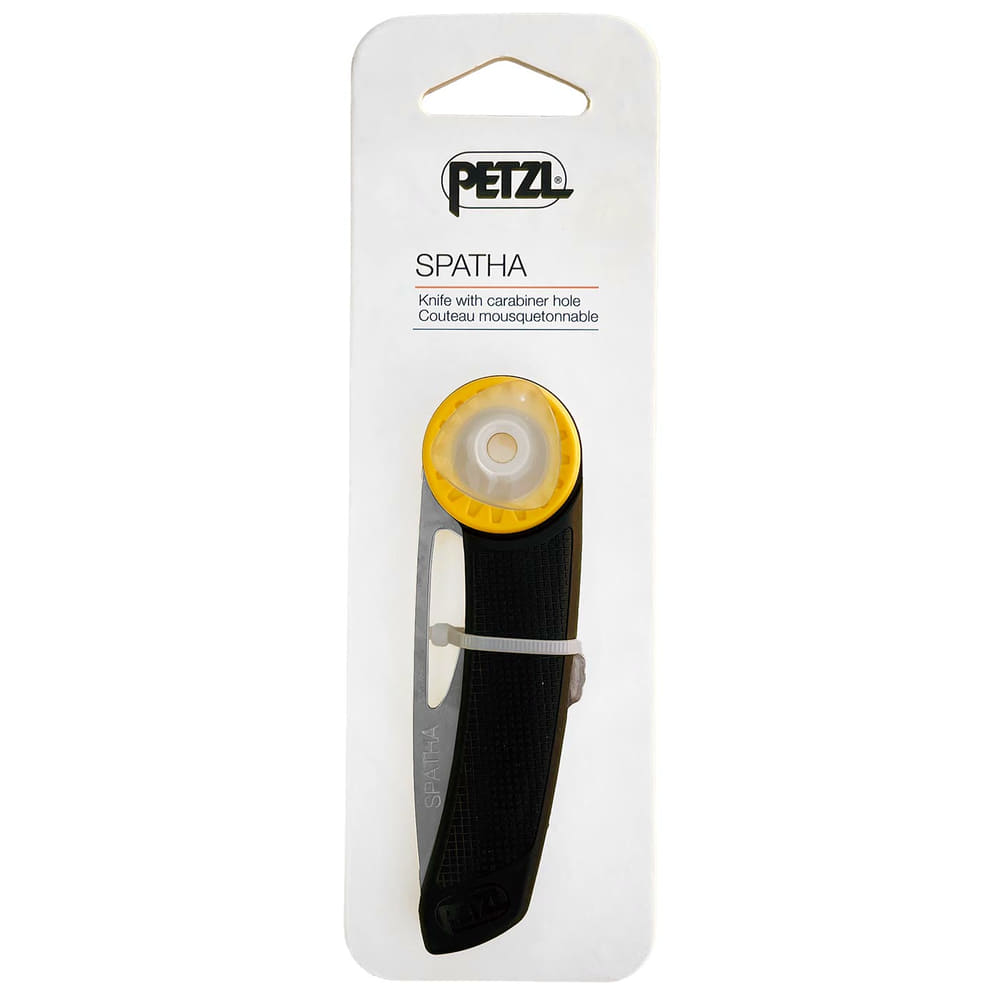 Petzl Spatha folding knife packed on white cardboard card with Petzl logo and product name "SPATHA"