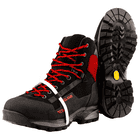TreeClimb black mountaineering boot with red laces and red heel pad, one shoe sole is visible with profile and yellow logo