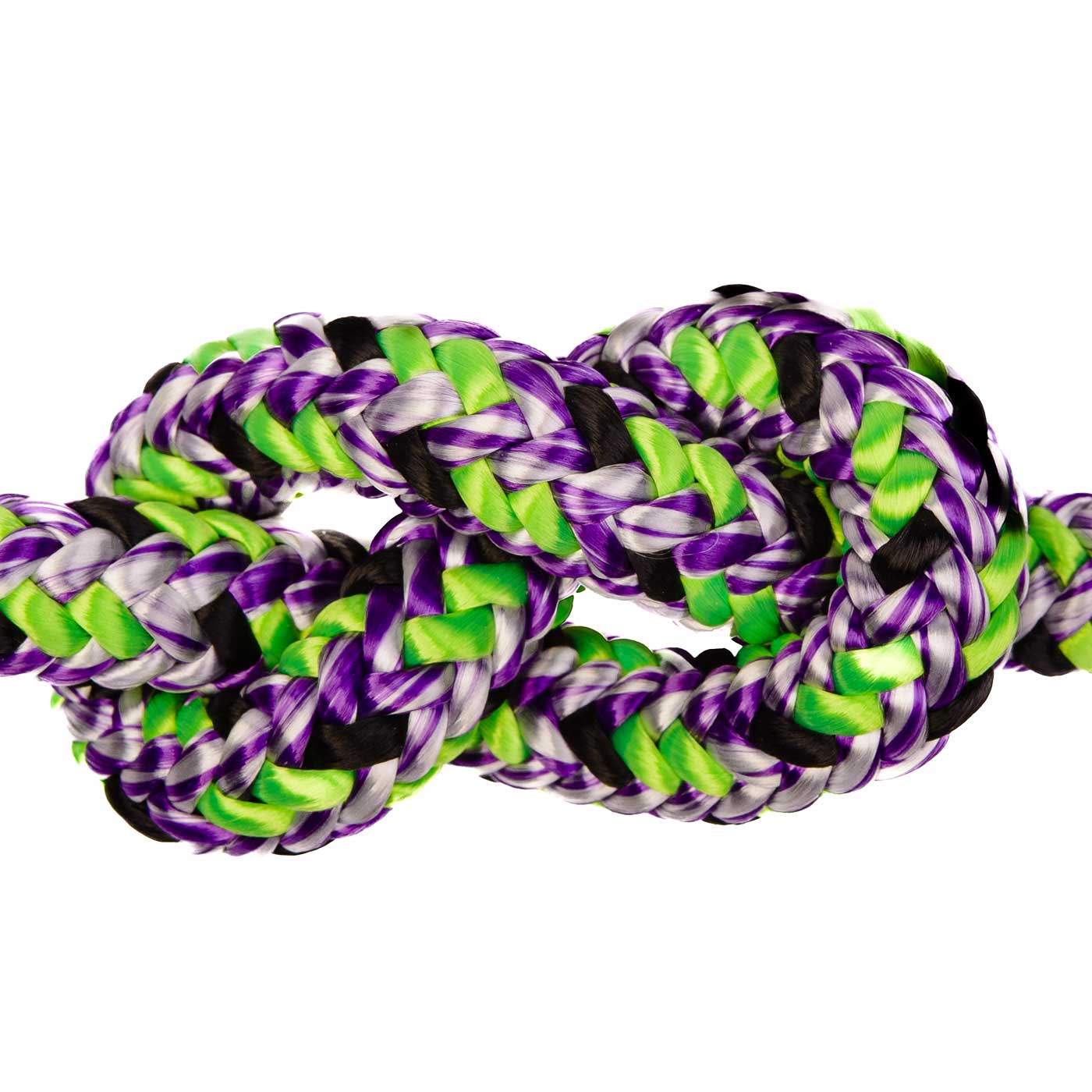 Argiope Evo rope with green-purple-black pattern, close-up of a knot