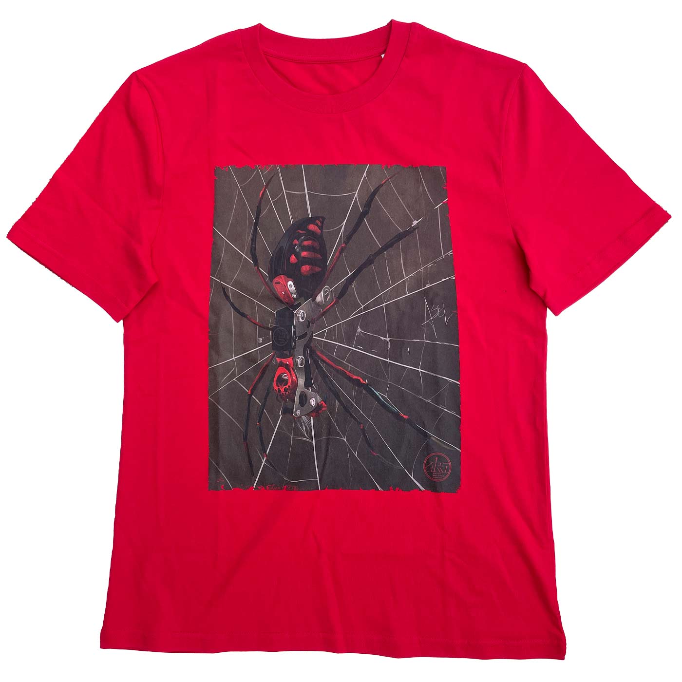 Red ART Spider shirt with a large print of a spider on a spider web on the front