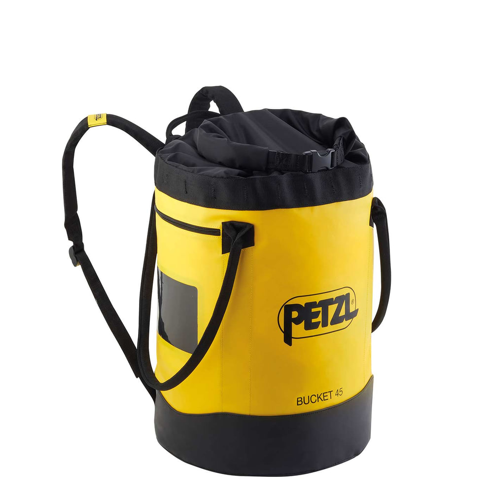 Round yellow and black Petzl Bucket 45 with two black straps and a black cord closure at the top