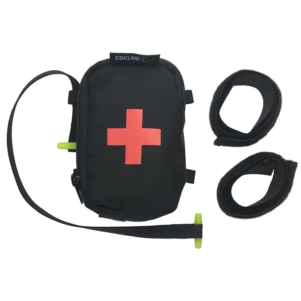 TreeRex First Aid Bag by Edelrid, black bag with red cross, black strap with yellow end and two black Velcro straps