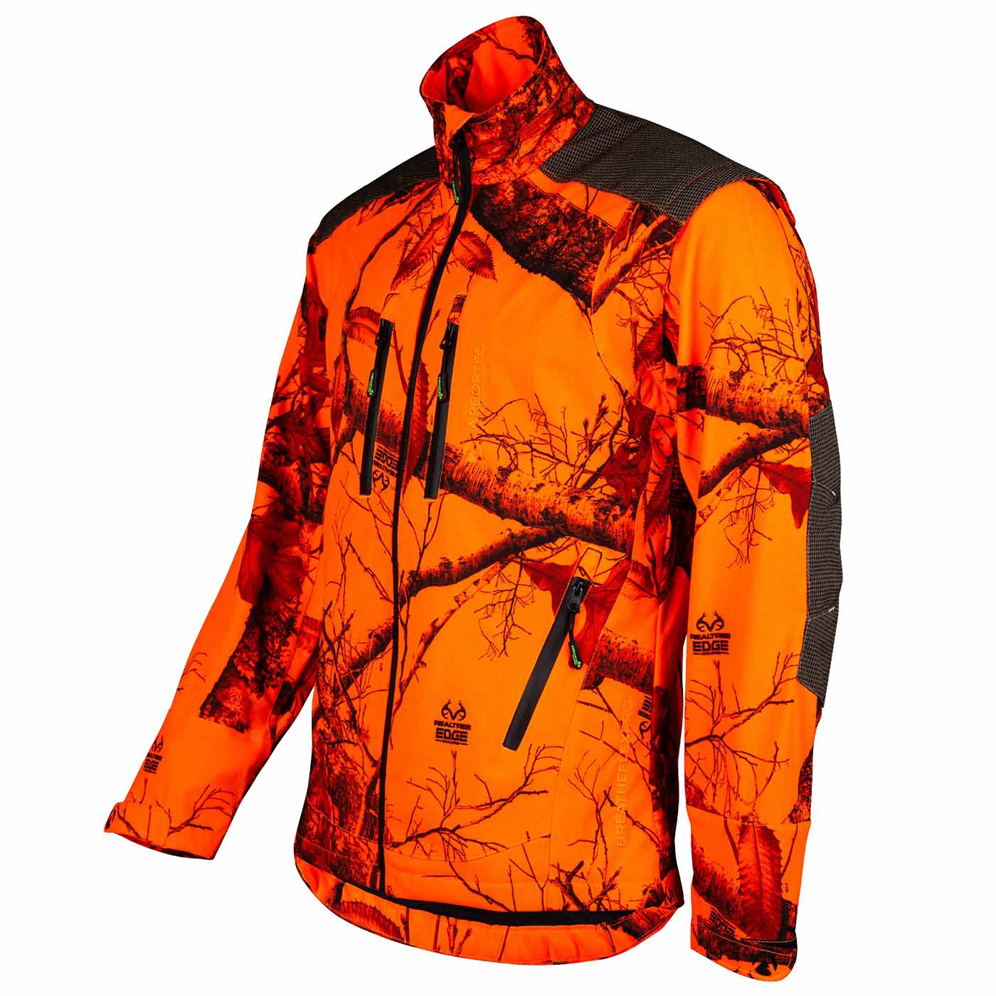 Breatheflex Pro Jacket Realtree orange jacket with black zipper and Realtree pattern, with two chest pockets and one side pocket, manufacturer not visible