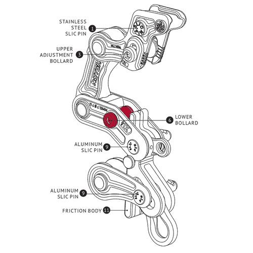 Technical drawing of a climbing device with inscriptions, including the Rope Runner Pro Lower Bollard marked as part of the device.