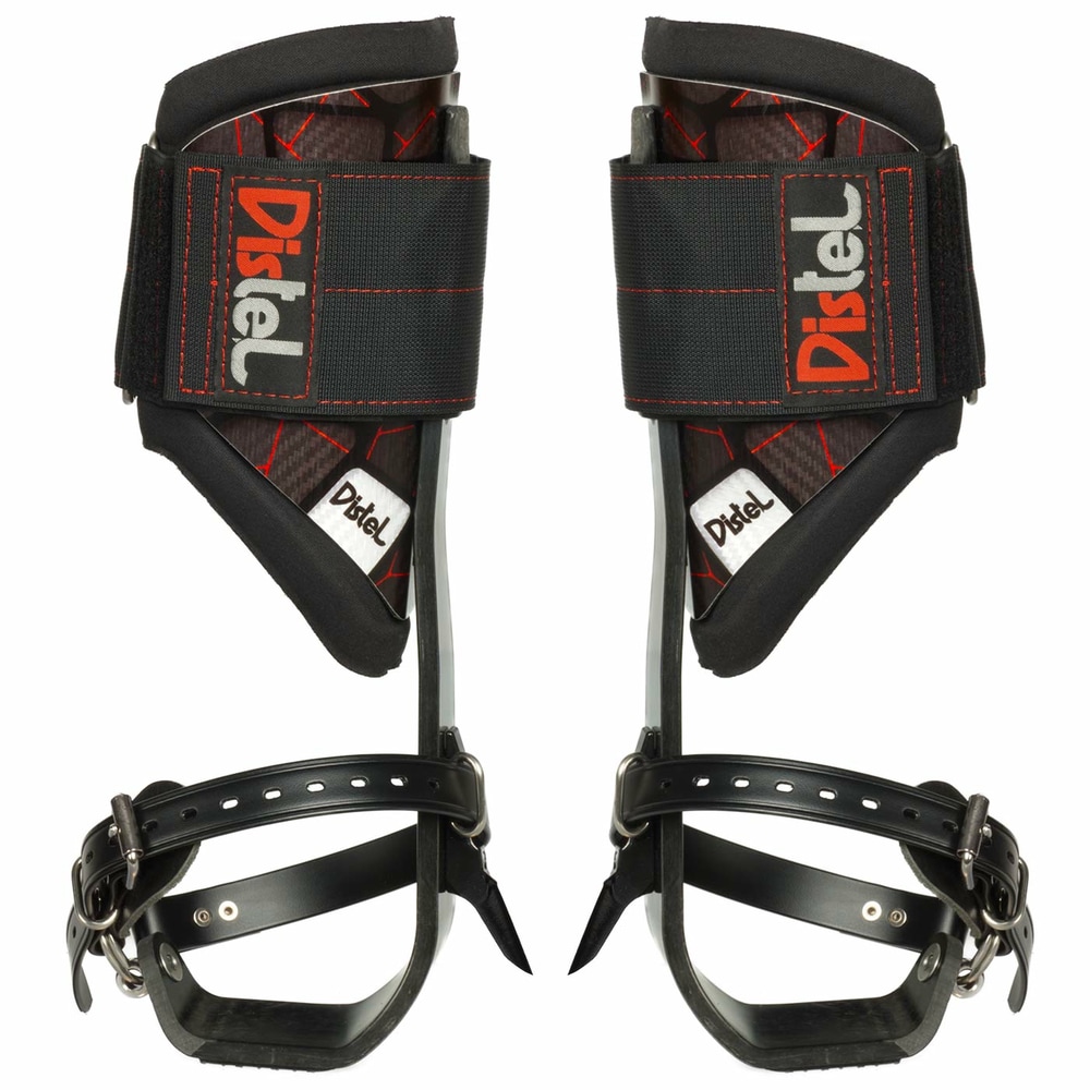 Distel Carbon 3.1 Classic by Distel, pair of black carbon rails with red stitching and large Velcro straps with Distel logo, foot straps with buckles, from the back