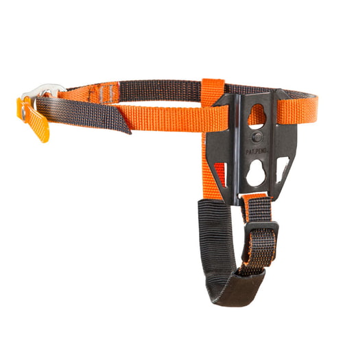 Quickstep Universal, an orange and black strap with metal and plastic parts, which is adjustable and has a buckle and a holder with several openings