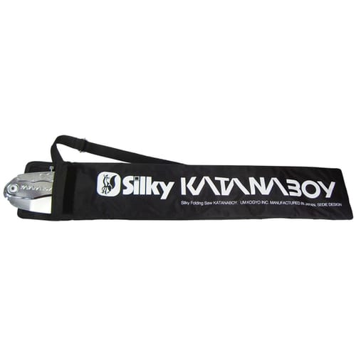 Black carrying bag with white inscription "Silky Katanaboy" and visible part of the folded saw