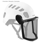Edelrid Visor Mesh with black frame and mesh fabric attached to a white helmet