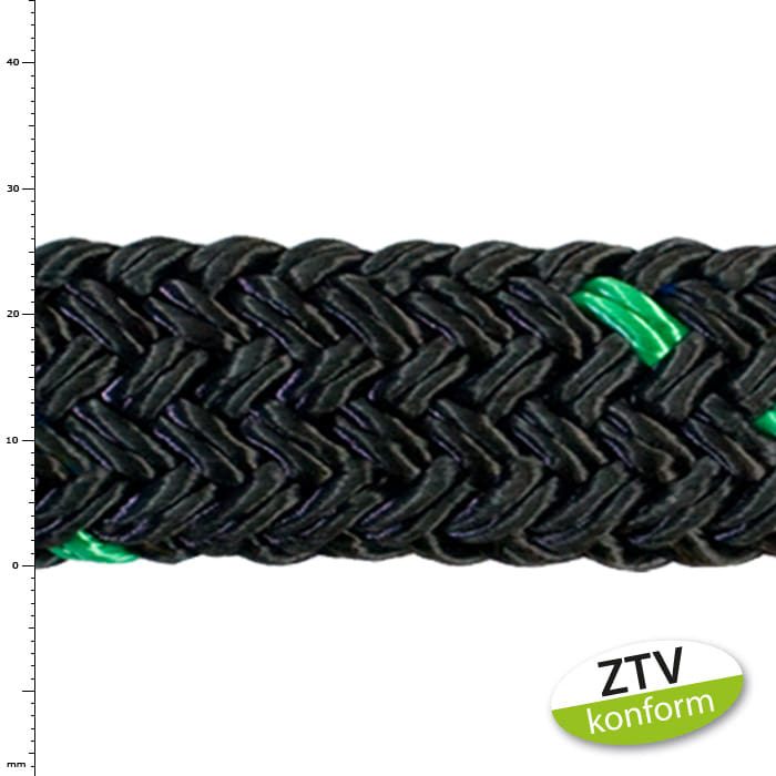 Black braided rope with green threads, product name tree save 8 t green, manufacturer not visible, type not visible