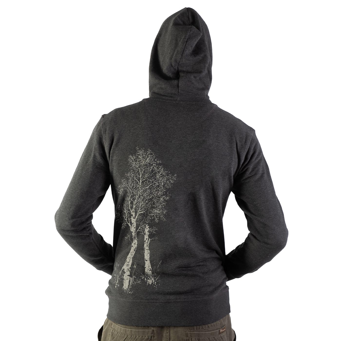Dark grey Birch Tree Zipp hoodie from the back with hood, on the left side a white birch tree print, worn by a man with hands on his hips