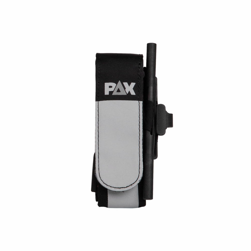 PAX tourniquet with black and grey band, PAX logo on grey tab and black rod on the side