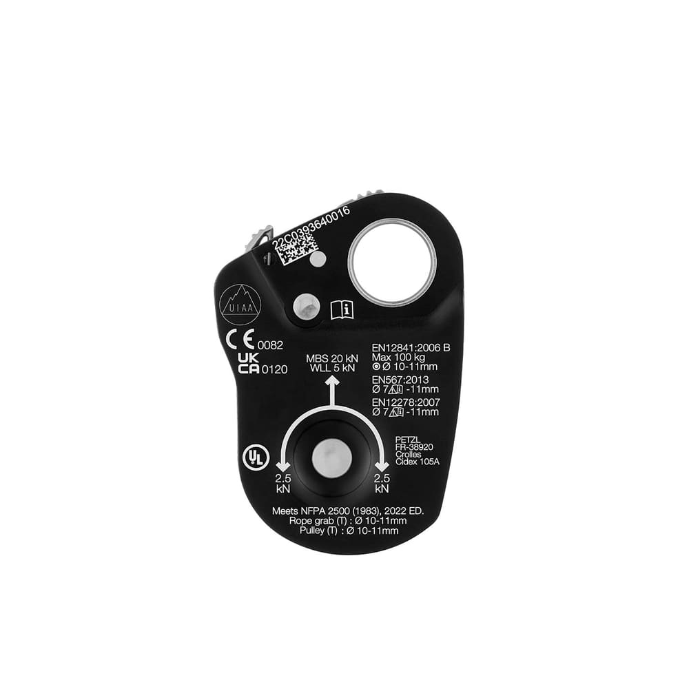 Back of the Petzl Mini Traxion pulley in black with white lettering and technical specifications