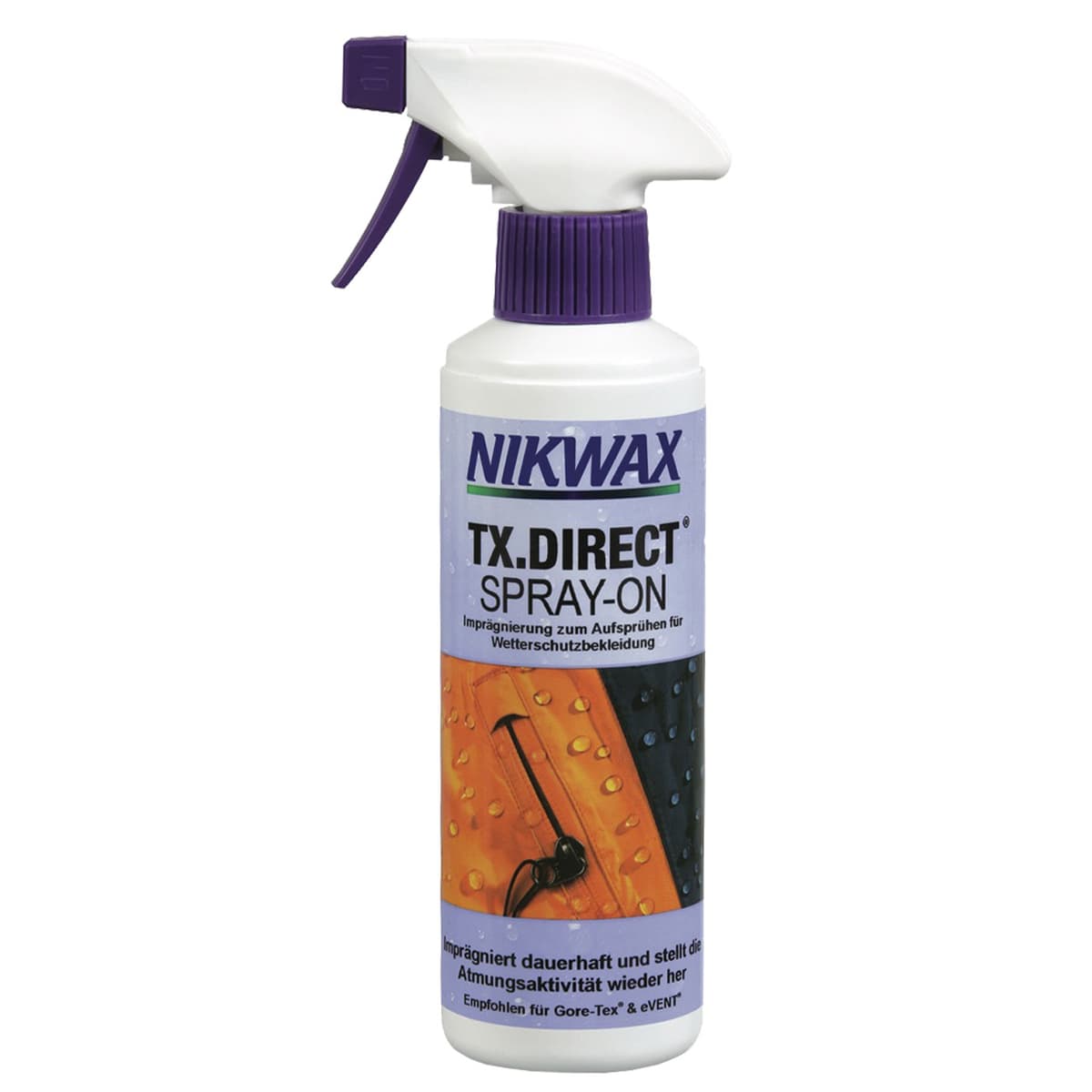 Nikwax TX-Direct Spray-On Waterproofing Spray in white spray bottle with purple spray head and purple label showing an orange and black garment with water droplets