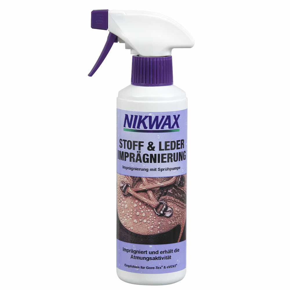 Nikwax Fabric & Leather Impregnation Spray Bottle with White Body and Purple Spray Head, Purple Label with Text and Image of Wet Leather Shoe