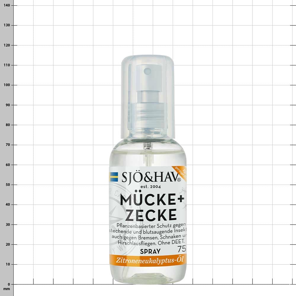 SJÖ&HAV Mosquito+Tick Spray with transparent spray head and white label, orange field with inscription Lemon Eucalyptus Oil