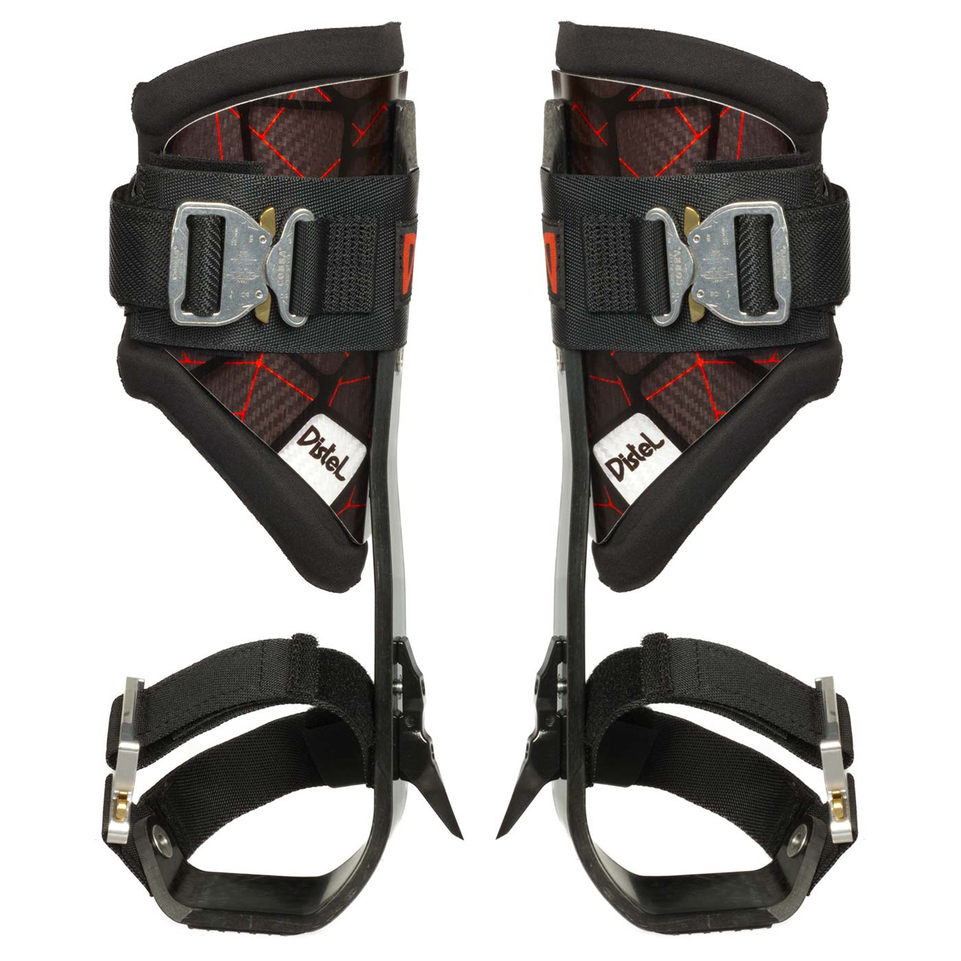 Distel Carbon 3.1 Click, Pair of Black Carbon Greaves with Red Lines, Black Padding and Metal Clasps