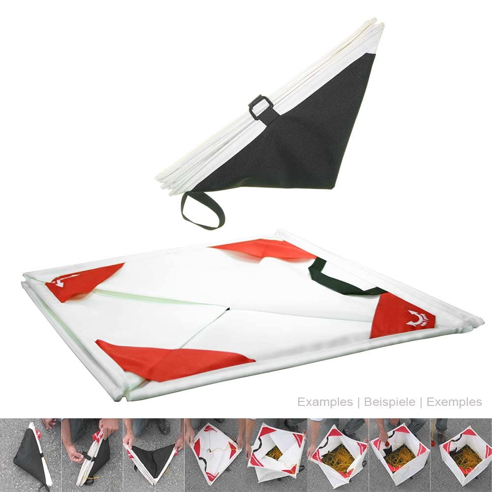 Folding bucket DOUBLE folded and lying flat, white, red and black areas are visible