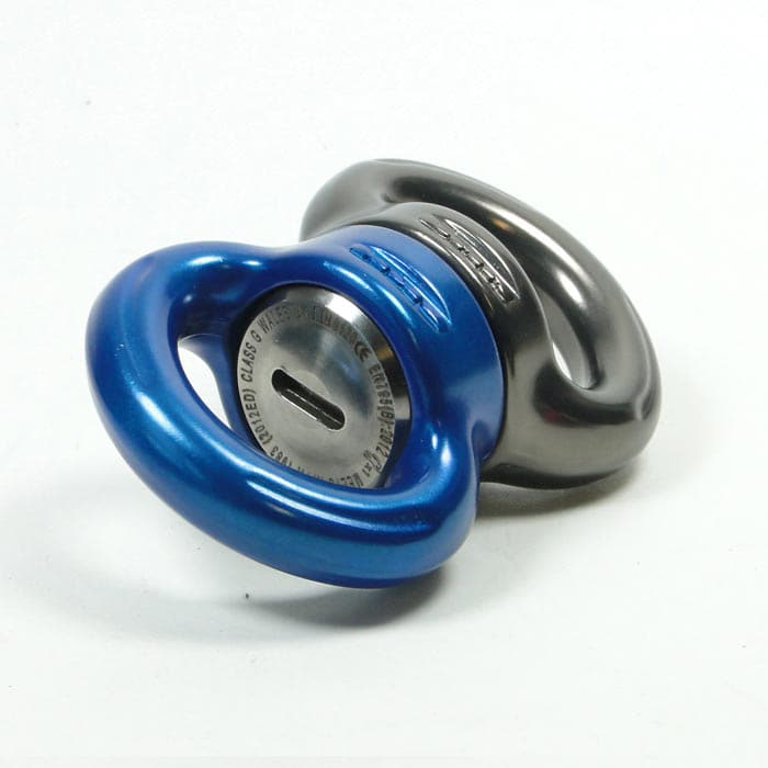 Axis Swivel S, close-up of the rotatable connection point with visible metal cylinder, blue and black, lying on a white background