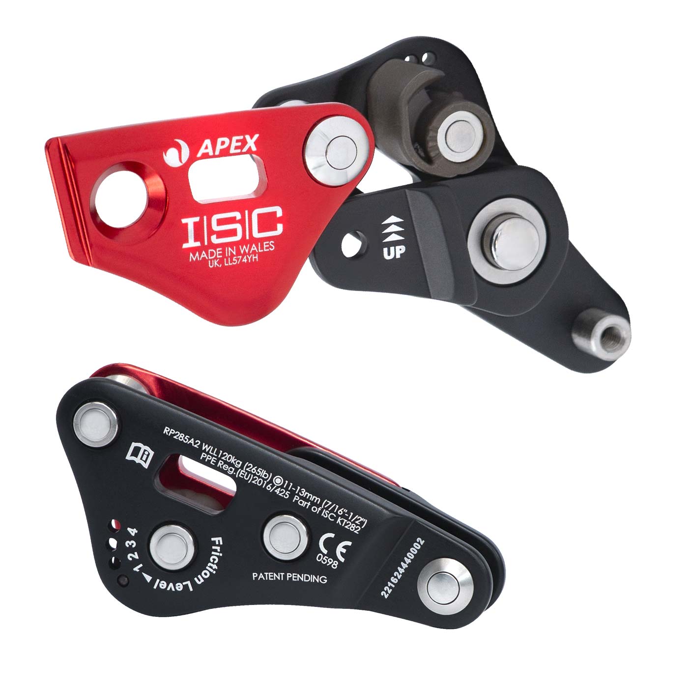 Apex Rope Wrench by ISC, red and black metal device with technical details and inscriptions, against a white background