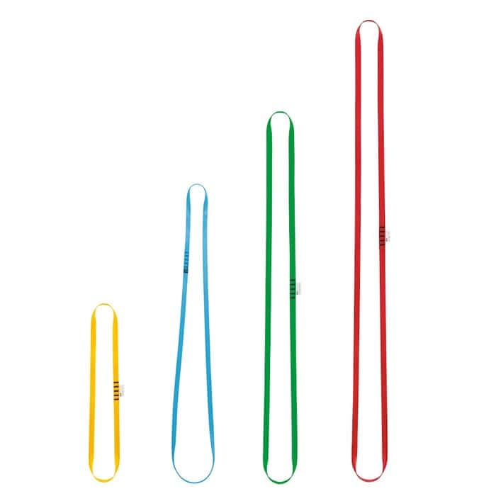 Four PETZL Anneau C40 loops in yellow, blue, green and red hanging next to each other in different lengths