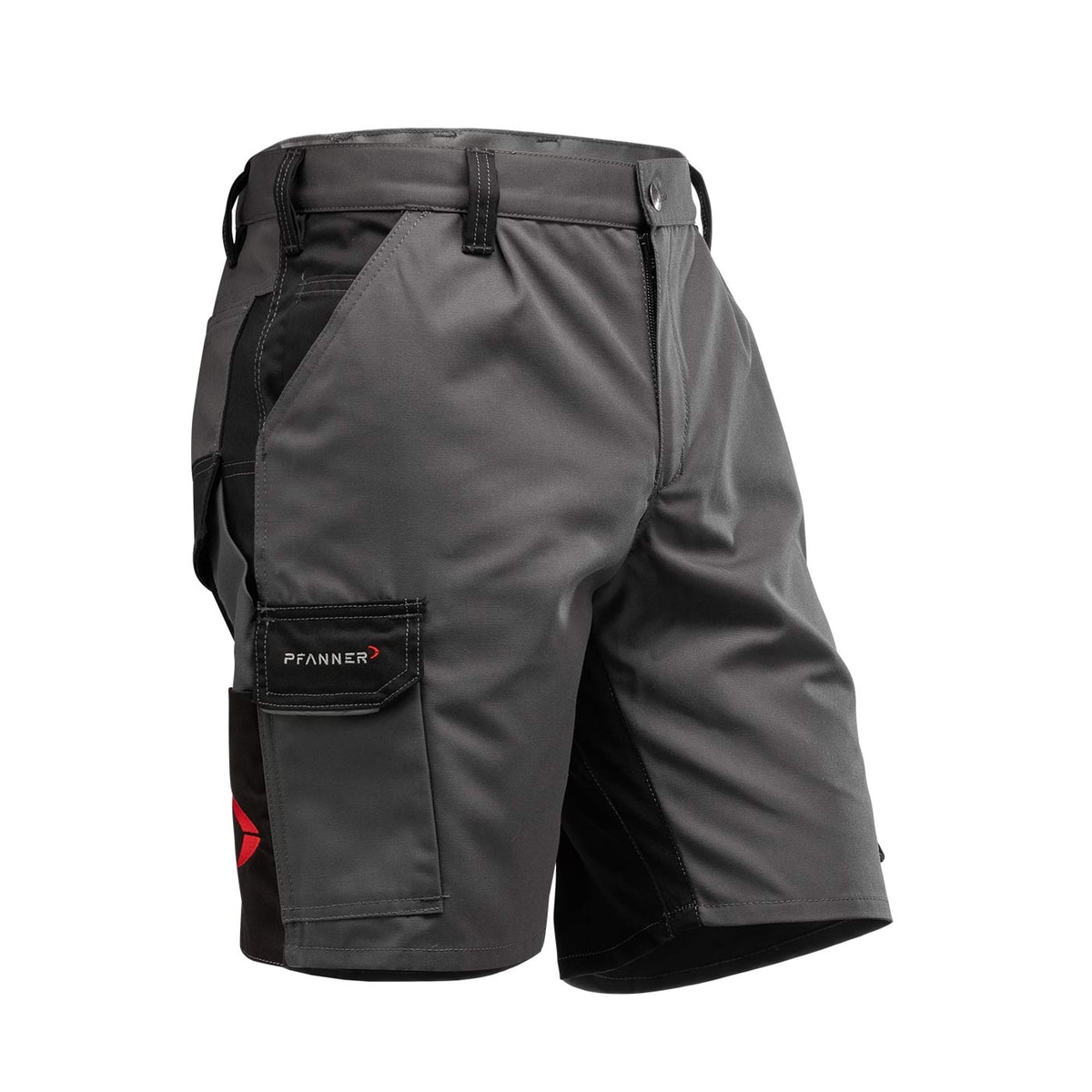 StretchZone Canvas Shorts by Pfanner in grey with black insert on the side, visible belt loops and a side pocket with flap and Pfanner logo.