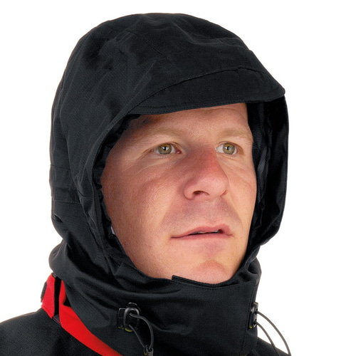 Ventura hood in black, worn by one person, with visible face and adjustable drawstrings at the neck area
