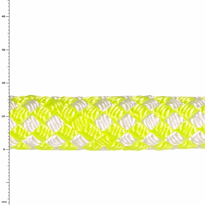 Sirius Bull Rope 16, close-up of a braided rope in yellow and white