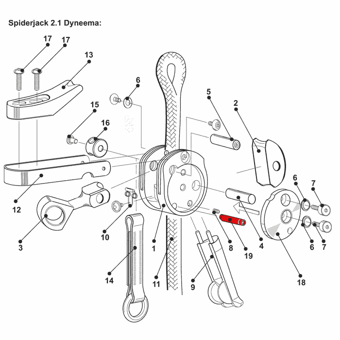 SpiderJack 2.1 wear bolt, technical drawing of a component with several numbered individual parts, including a bolt marked in red, manufacturer name SpiderJack 2.1 visible