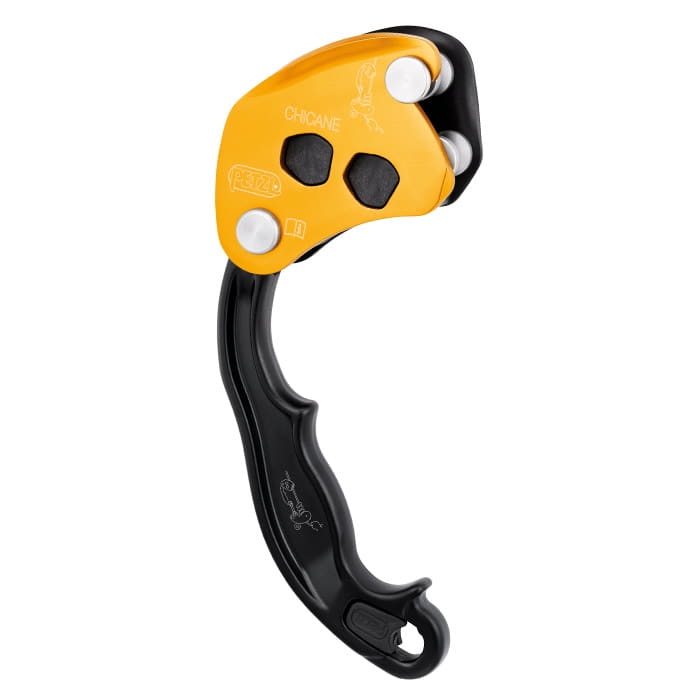 Petzl Chicane, yellow and black belay device with handle and three white buttons
