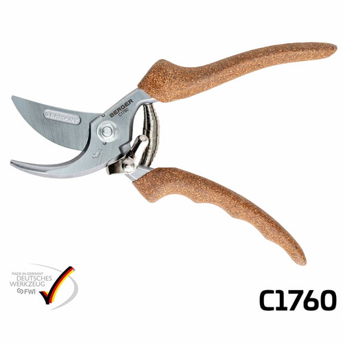 Berger C1760 Pruning Shears with Brown Ergonomic Handles and Silver Blade, Made in Germany, with Logo and Model Number on the Metal Part
