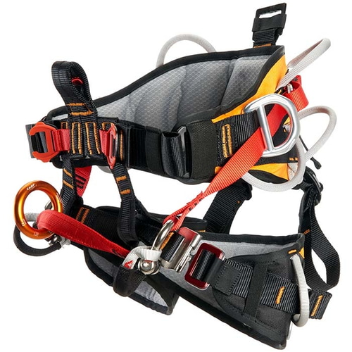 Climbing harness Tree Access 3.1 in black, grey, red and orange with several metal rings and buckles, manufacturer's logo on the top right