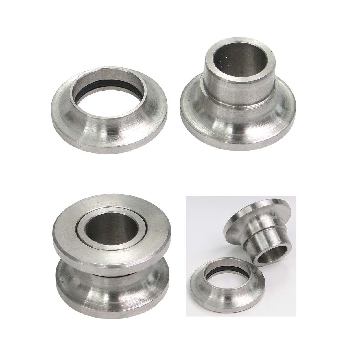 Keanu Trolley Rig Plate Kit, Two Silver Metal Bushings in Different Perspectives on White Background