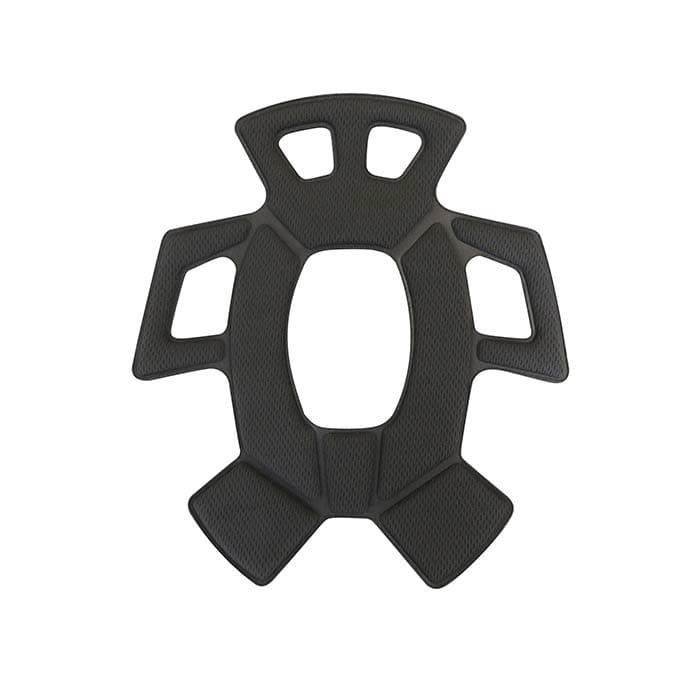Petzl foam pad in black color with multiple cut-outs and padded areas, lying flat