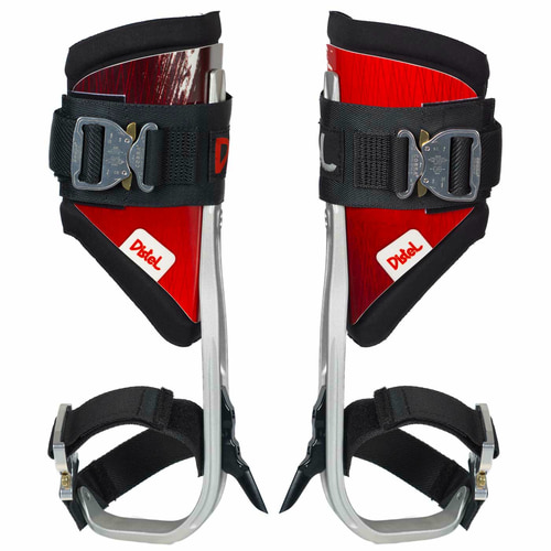 Distel Alu 3.1 Click from Distel, two red aluminium tools with black padding and black straps with metal buckles, rear view