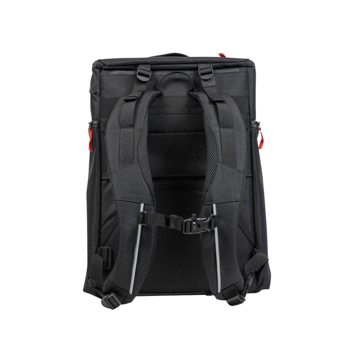 Back view of the black backpack Baby Mule, manufacturer not visible, with padded shoulder straps and chest strap