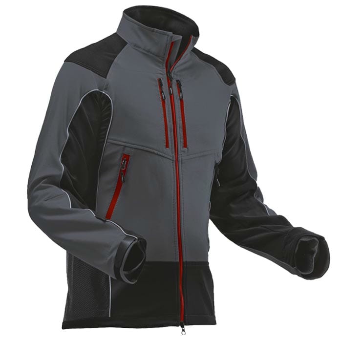 Arborist jacket in grey and black with red zippers, front view with high collar