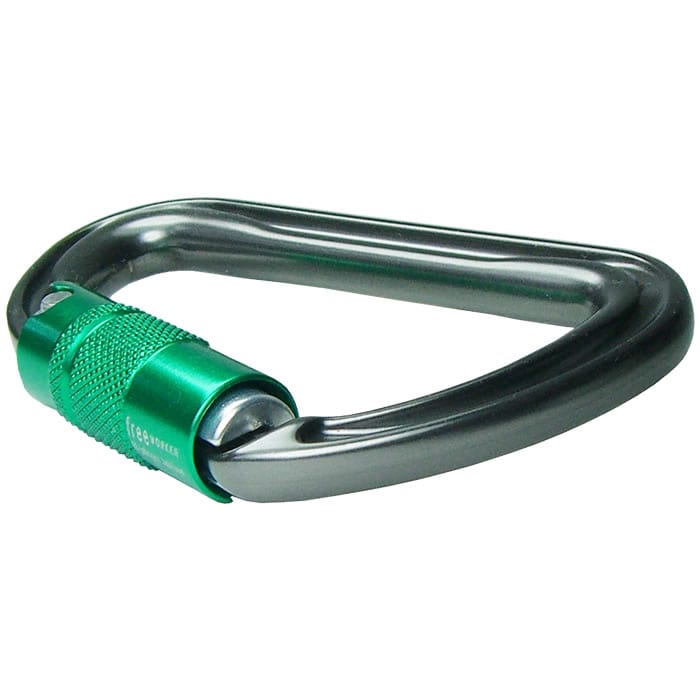Shadow carabiner with green screw cap, manufacturer DMM, type not visible lying against white background