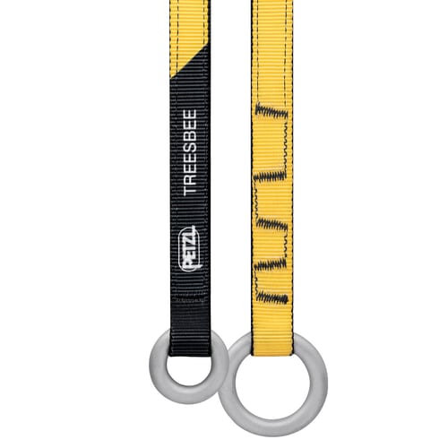 Treesbee - Petzl Offering, Close-up of Yellow and Black Ribbons with Gray Rings and White Petzl Logo on Black Ribbon