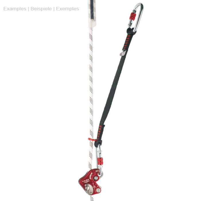 Goblin Lanyard 40, complete set with black strap, two carabiners, red plastic hook and red metal device on white rope