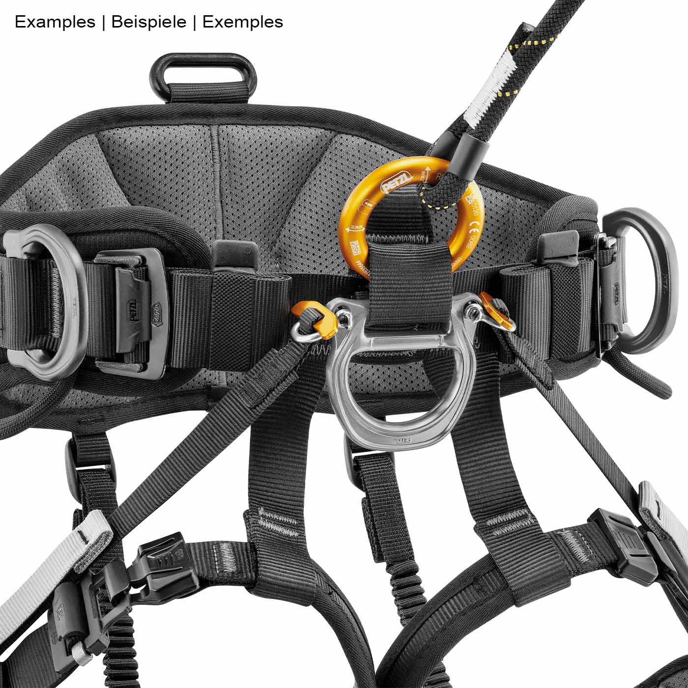 Black climbing harness with several black and grey straps, two metal rings and an orange carabiner, product name Test carabiner 250715DL not visible in the picture