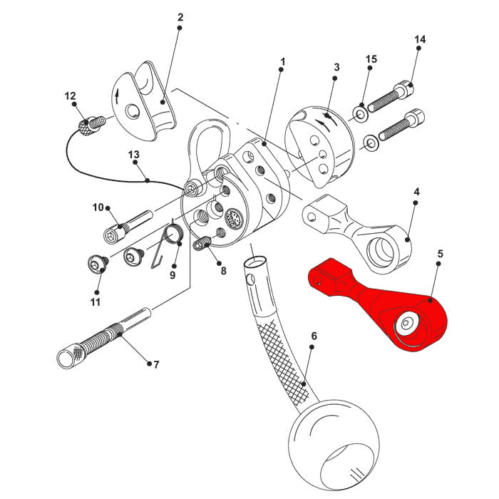 Technical drawing with several numbered parts, including the red part LockJack swivel, shown as part of an assembly with screws and other components