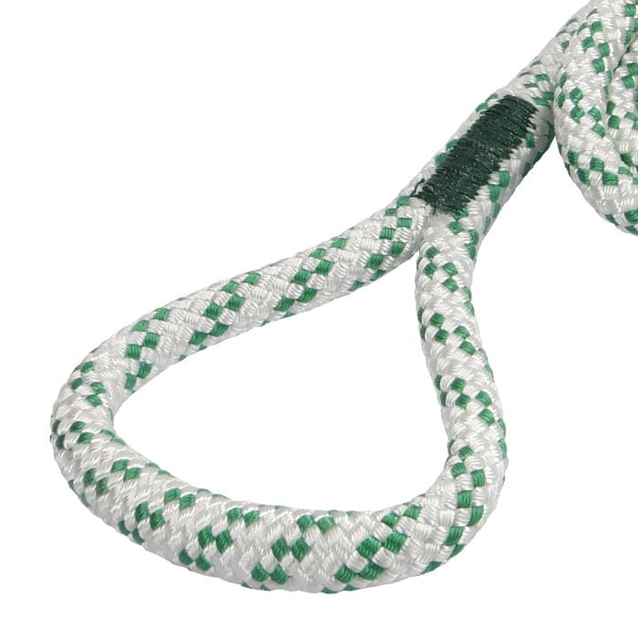 pulleySAVER 2.0 rope, close-up of the white and green braided loop with green reinforcement at the seam area