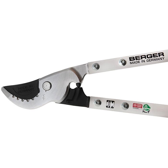 Detailed view of the Berger 4280 loppers with visible screws, stickers and "Made in Germany" on handle and blade