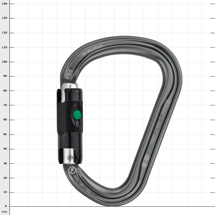 William Ball Lock carabiner in grey with black and green closure mechanism