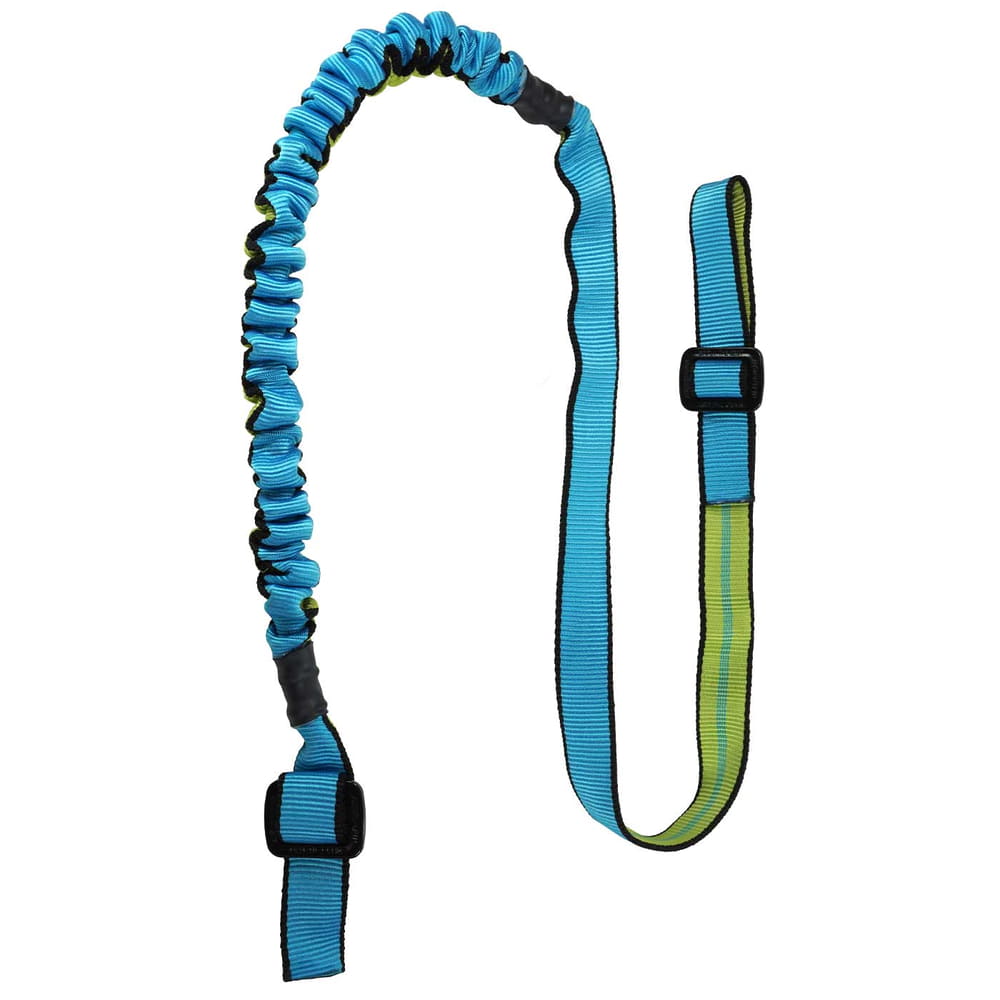 Bungee tool in blue with elastic, wavy section and flat webbing with black border and green inner stripe