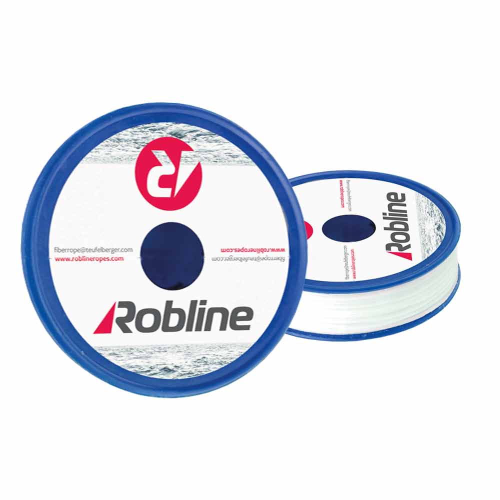 Dyneema rigging yarn by Robline, two blue plastic bobbins with white yarn, on the front the Robline logo and a red 15 on a white background