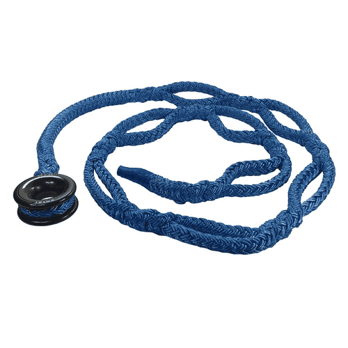 Kokoan knot sling 12, blue braided rope with several loops and black plastic ring with inlaid rope